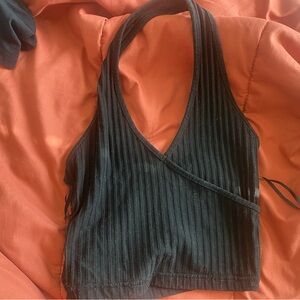 SHEIN Black Ribbed Sleeveless Wrap Tank Top